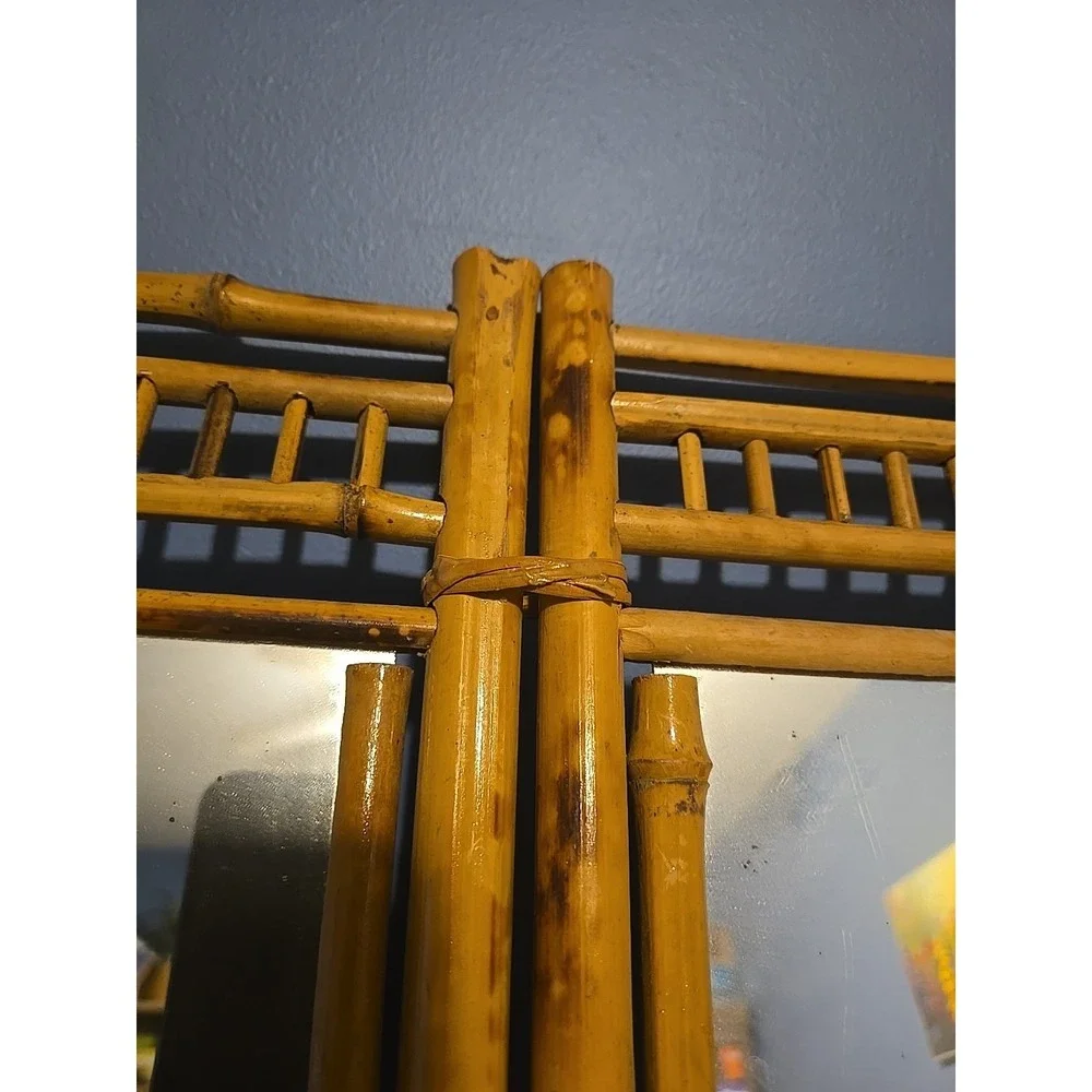 VTG Bamboo Rattan Tabletop Vanity Mirror Folding 2 Sides Jewelry Holder Boho
